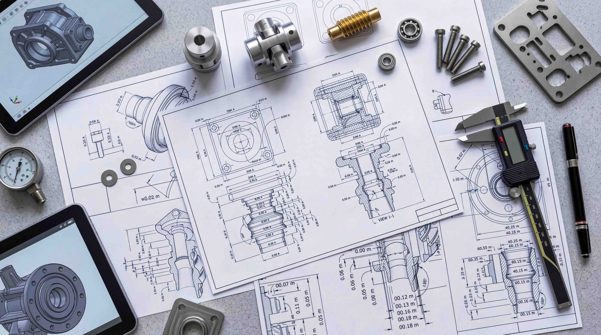 Industrial engineering tools and mechanical parts on technical drawings