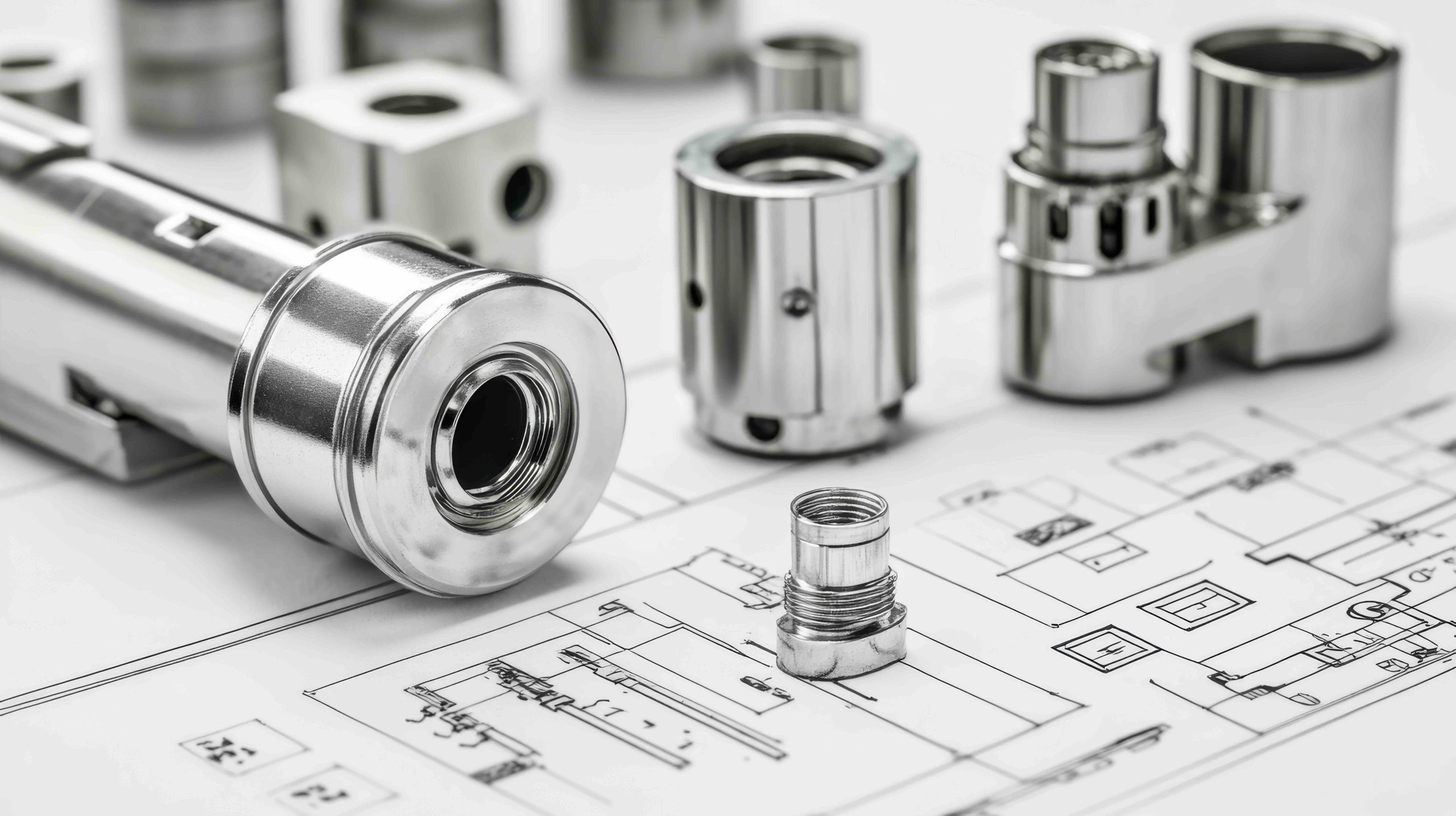 Industrial components arranged on blueprint for design
