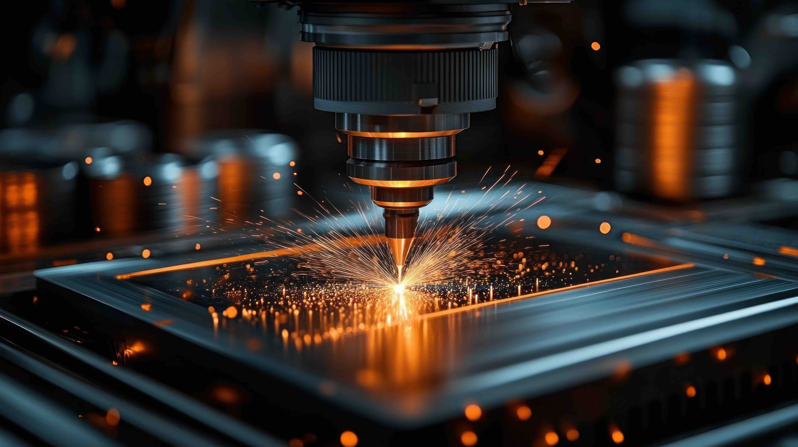 close-up of a precision laser head cutting a metal sheet with bright orange sparks and glowing molten metal, intense dynamic industrial energy