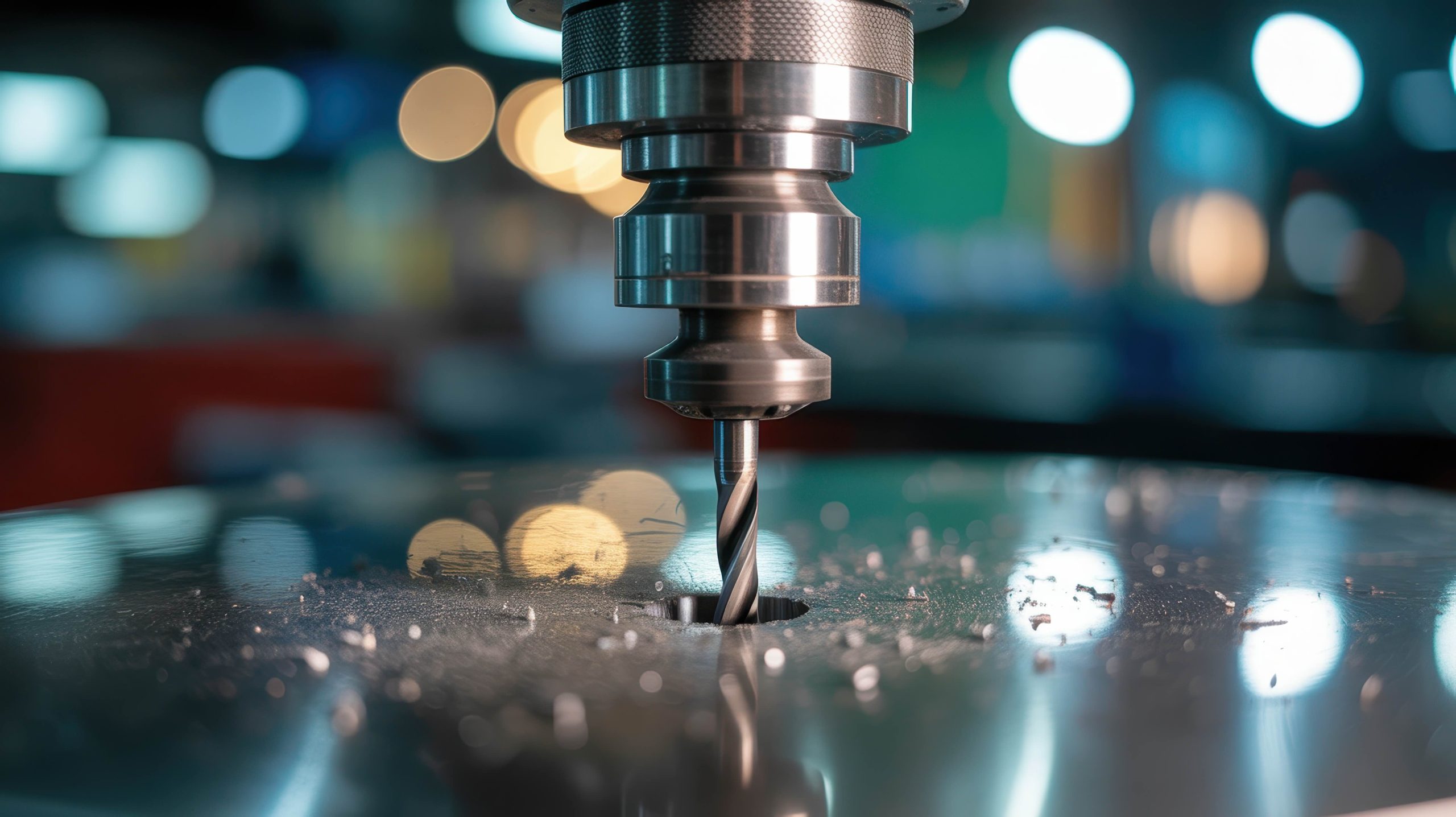 Industrial CNC milling machine drilling metal workpiece